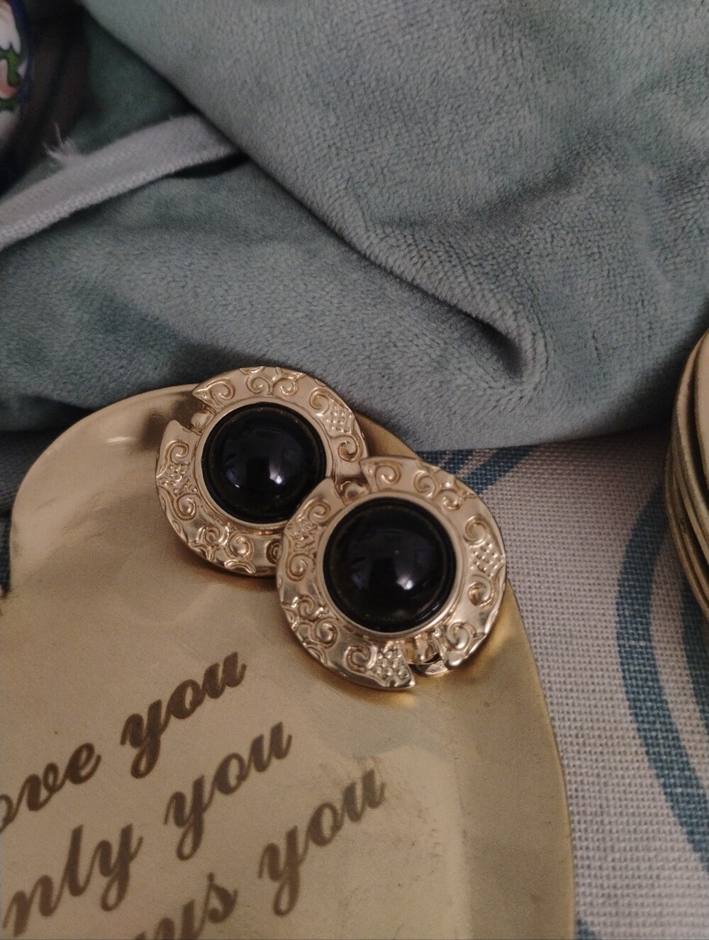 Chicos, Round Statement Earrings, Black Gold Clip On